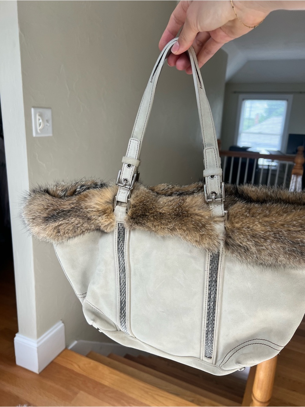 NWT Coach Limited Edition Suede Fox Fur Beaded Tote Bag Purse - Picture 3 of 10